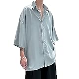 [YIMANIE] シャツ メンズ 韓国 半袖 七分袖 シャツ ファッション 柄 無地 大きいサイズ カジュアルシャツ 春 秋 軽い 柔らかい ゆったり オーバーサイズ ビッグシルエット ライトブルー