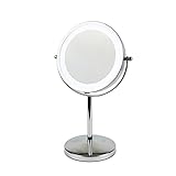 TriProc 7インチLEDライト付　両面シンプル卓上式金属化粧鏡、 5倍拡大、無線、乾電池使用