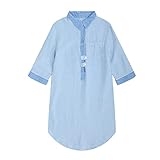 [Hemp Show] 長袖 春 夏 秋 レディース ワンピース リネンシルク混 チュニック トップス リネン 体型カバー 着痩せ お洒落 旅行 (水色 M)