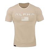 [SHANLIANG] トレーニングウェア 半袖 Tシャツ 袖ロゴ 吸汗速乾 ドライ メンズ ジムtシャツ(M, カーキ)