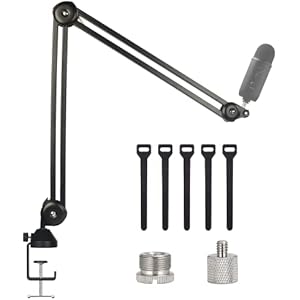 BOMGEマイクアームスタンド、アップグレードされたデスクマイクシザーサスペンションブームアームスタンド、3/8 "から5/8"のスクリューアダプタークリップ、アップグレードデスククランプマウント2.5インチ/ 65mm、5ケーブルタイ用 ブルーイエティマイクナノスノーボールア…