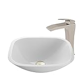 VIGO Square Shaped White Phoenix Stone Vessel Sink and Blackstonian Vessel Faucet with Pop Up, Brush