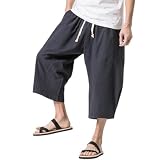 [Poperdision] サルエルパンツ 夏服 メンズ ハーフパンツ 七分丈 ガウチョパンツ アラジンパンツ 大きいサイズ ズボン 袴 リラックス ワイド ファッション 棉麻 リネン 無地 調整紐 ゆったりgray-3XL
