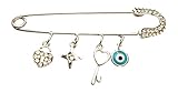 Fortis Production Silver Tone Rhinestone Brooch Safety Pin with Good Luck Charms Pendants, Protectio