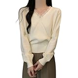 [Ishihara liacceai] ニットセーター レディース レースVネック 切り替えトップス 着痩せ カットソー ウエストシェイプ 長袖 薄手 無地 かわいい シンプル 春 秋 冬