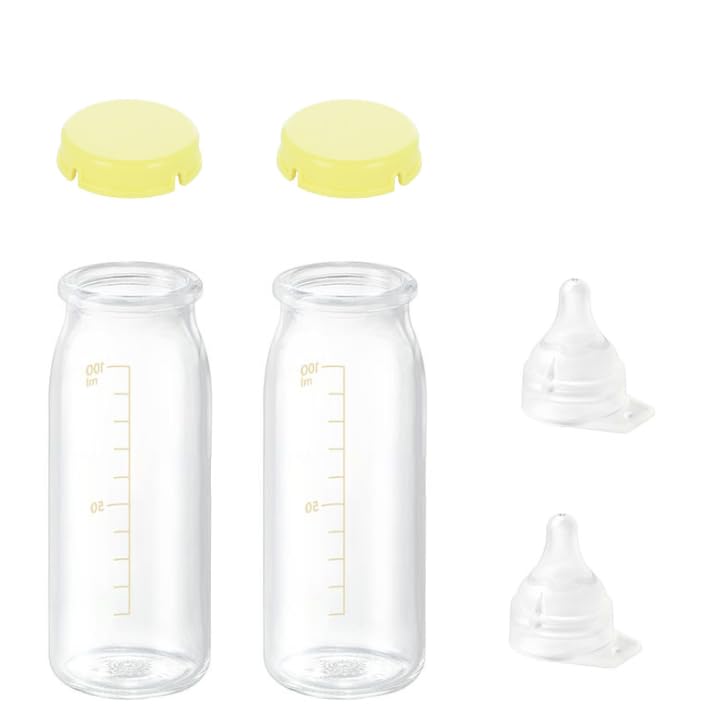 産院用 直付け 哺乳瓶100ml×2 + 直付け乳首 一般新生児用×2個 + ホコリよけキャップ(イエロー)×2個