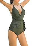 [ISLAYCAOLILA] ワンピース 水着 ホルターネック カシュクール スイムドレス ストラップ ラップ リボン パッド入り ワイヤーなし レディース D62 ベレン (アーミーグリーン, M)