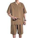 [Platilive] Tシャツ メンズ 半袖 Vネック 夏服 上下 セット アップ トップス ハーフ ショートパンツ 無地 おおきい サイズ 吸汗速乾 部屋着 オフルームウエアKhaki 2XL
