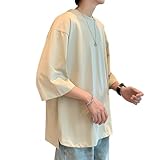 [Hiboss] tシャツ メンズ 半袖 大きいサイズ 7分袖 無地 ラウンドカット おしゃれ ゆったり 夏服 メンズ tシャツ カーキ 2XL