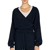 LIUZHONGQIN レディース トップス パーカー トレーナー カジュアル プルオーバー 運動着 ｖネック デザイン ショット ファション オシャレ 無地 長袖 柔らかい 春 秋 (ブラック,L)