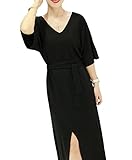 Spinas (スピナス) マタニティ レディース リゾート に お出かけ に 着たい 美しい Ｖネック デザイン ロング ワンピース フロント スリット 入り 5分袖 ドレス 全2色（ピンク/ブラッ