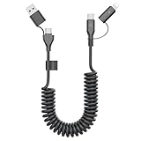 【60W】4in1 iPhone 充電ケーブル、ピンク 伸縮巻き取り式 USB Cケーブル 、Apple CarPlay コード & Android Auto 60W/3A 急速充電と高速 データ同期付き転送 15/15 Pro/15 Pro Max/14/13 Android/iPad/Galaxy 対応 、USB A+USB C to USB C+Lightning マルチ 充電ケーブル