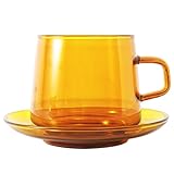 Desirable 耐熱ガラス カップ ティーカップ コーヒーカップ 紅茶 日本茶 琥珀色 アンバー 電子レンジ・食洗機対応 ギフト プレゼント (350ml+ソーサー, 1個)