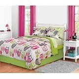 8 Pc Girl/teen Green Pink Sketchy Owl Comforter Set - Queen (Bed in a Bag) [並行輸入品]