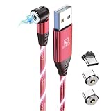 DAIAD USB A to Type-C 光る マグネット式 充電ケーブル LED イルミネーションケーブル 1PIN 充電専用 着脱式 防塵キャップ 首振り L字 360度回転 端子3個セット 1m (ピンク)