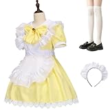 [COSSA] メイド服 コスプレ 萌え コンカフェ メイド 可愛い レース メイドコスチューム ショート丈 ロリータ ワンピース 大きいサイズ 仮装 ハロウィン 女装 人気 学園祭 レディース メンズ ハイソックス付き 5点セット 6色展開 (イエロー, 5XL)