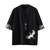 [foveitaa] メンズ 夏服 シャツ Tシャツ リネン シャツ 半袖 綿麻 和風 和柄 刺繍 七分袖 五分袖 大きい サイズ カジュアル ゆったり おしゃれ 無地 Vネック ファッション カットソー 吸汗速乾 トップス balck M
