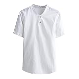 [Blostirno] メンズ リネン リネンシャツ 綿麻 半袖 無地 Tシャツ ヘンリーネック 夏(JT11-WHM)