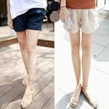 【bttm102929】マタニティ パンツ リネン100％ 麻 ストライプ 折り返し ショートパンツ (M, ネイビー)