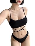 [ISLAYCAOLILA] ビキニ セット 水着 クロス ハイレグ スイムドレス キャミソール セパレート パッドなし ワイヤー入り レディース EA4 アリタ (M, ブラック)