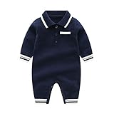 JooNeng　長袖　カバーオール　ロンパース　ベビー　赤ちゃん　ニット　折り襟　ボーダー　秋冬　女の子　男の子　無地　綿　シンプル　ネイビー　6-9M