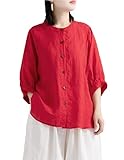 [スプリングスワロー] 長袖 クルーネック カジュアル レディース リネン シャツ ファッション オフィス 夏用 可愛い 前ボタン (レッド 2XL)