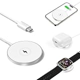 Mag Safe充電器 ワイヤレス充電器 マグネット式 iPhone16/15/14/13/12シリーズに対応 applewatch充電器 マグセーフ充電器 Mag Safe充電ケース付きAirPodsに対応 アップルウォッチ充電器 一台三役 強磁気 超軽量 小型 旅行/出張/オフィスに最適 最大15W 急速 便利 Type-C ケーブル長さ1.5m