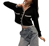 (株)サザンウィンド ツイードカーディガン レディース トップス kpopgirls風 ジャケット風カーディガン 脚長効果 ヴィンテージ風ボタン Vネック おしゃれ 韓国ファッション ニット ショート丈 (JP, アルファベット, Free Size, ブラック)