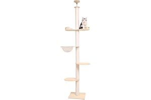 PETTIFUL キャットタワー 突っ張り 木製 大型猫 コットン紐 スリム 木登り 多頭飼い キャットツリー シニア 据え置き 太い支柱 猫タワー 中型 猫キャットタワー おしゃれ コンパクト 省スベース 木製 宇宙船 隠れ家 爪とぎ 安定 高さ2