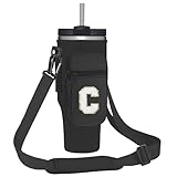 momocici レターCカップキャリアバッグ ストラップとポーチ付き Stanley Quencher 40オンス タンブラー用 イニシャルカップ クロスボディ ホルダーバッグ スタンレーカップ対応 ハイキング 旅行 キャンプ用 (ブラック)