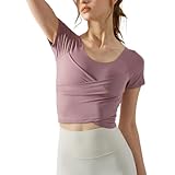 [Yomoment] フロント交差 半袖シャツ レディース ストレッチ パッド 一体型 ヨガウェア ショート 丈 トップス 速乾tシャツ
