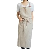 umeluckエプロン リネン カフェ風 おし長さ調節可能 シンプル ポケット付き 家庭用エプロン (カーキ色)