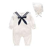 JooNeng ベビー服　長袖 カバーオール　帽子　2点セット　 ロンパース　赤ちゃん服 綿 春秋冬 セーラー服 結び　リボン 可愛い おしゃれ 出産祝い 女の子 男の子白 ホワイト 6-9M