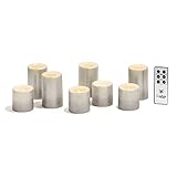 (Silver Votive Set) - 8 Silver Flameless Votive Candles with Warm White LEDs, Distressed Wax Texture