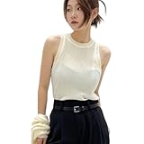 [KOEKOI] タンクトップ レディース トップス ニット ノースリーブ ショート丈 へそ出し重ね着 夏 キャミソール Tシャツ 薄手 カットソー キャミソール 付け襟 ボーダー柄 (Free, 黒)