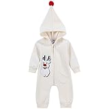 Famuka秋冬 新品 男女児クリスマス 鹿 長袖前開けファスナー フード付き ロンパース オーバーオール カバーオール (3-6M, ベージュ)