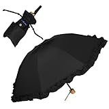 100％完全遮光 99％ではダメなんです! 【Rose Blanc】 日傘 晴雨兼用 UVカット 1級遮光 撥水 ブランド おしゃれ レディース かわいい 母の日 3段折り(傘袋) 50cm フリル 3f1 (ブラック) 折傘タイプ