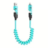 4in1カールコードケーブル Type-CからLightningへ USB-AからType-Cへ 変換コネクタ付きカールコード充電ケーブル65W 最大480Mbps 4イン1マルチ充電ケーブル ノートパソコンPD対応 iPhone Samsung (ブルー)