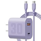 30W Type C 急速充電器 PD対応充電器 1.5mケーブル付き USB-A/USB-C 2ポート ACアダプター 充電器 GaN(窒化ガリウム採用) コンパクト充電器 PSE認証獲得【PD&QC3.0対応】落雷保護iPhone 14 / 13 / 12、Galaxy S22 / S21、iPad Air、AirPods、Switchその他USB-C機器対応 (Purple)