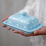 City to Cottage ハンドメイド セラミック ヨーロッパ風 蓋付きバターディッシュ ユニークなライトスカイブルー ホワイト 水玉 陶器バターキーパー 新築祝い ギフト