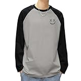[uptoyou] 長袖 tシャツ メンズ ロング Tシャツ 笑顔 綿100 カジュアル カットソーtシャツ 男女 ロゴ ティーシャツ ゆったり パンダ 丸首 ワンポイント プリント おしゃれ 柔らかい 秋 冬 通勤 通学 高校生 中学生(L ブラック/グレー 笑顔)