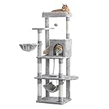 Mwpo キャットタワー 据え置き スリム 中型 大型猫 小型 ミニ ハンモック付 かわいい 爪とぎ おもちゃ ねこ 猫 ネコ 多頭飼い 麻紐 子猫 シニア 省スペース 158cm ライトグレー B808B