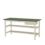 ワークテーブル300シリーズ H900固定式 中間棚・半面棚板・1段 深型W500mm キャビネット付 天板：グリーン 本体・キャビネット：アイボリー 900×750 SWRH-975TS1-GI+D1-IV