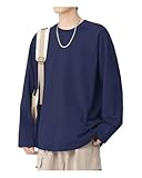 Sukinana 7.7oz tシャツ メンズ 長袖 綿100% 肉厚生地 1枚組 3枚組 ゆったり ロングtシャツ 無地 ティーシャツ 部屋着 ヘビーウェイト インナーシャツ 男女兼用 複数色選び 春秋冬 (JP, アルファベット, M, ネイビー)