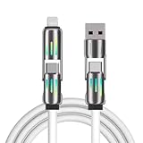 4in1 USB マルチコネクタケーブル, Type-C/A - Type-C/ライトニング対応, 最大60W急速充電, 480Mbpsデータ転送, 1m, LEDコネクタ搭載タイプ (ホワイト)