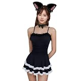 [AZ-FRONT] 猫耳 メイド風 コスチューム セット ブラック ワンピース チョーカー付き コスプレ 衣装 (M)