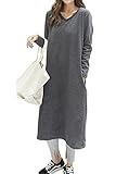 [Ptika] あったか ワンピース レディース ロング 裏起毛 ゆったり ルームウェア 無地 秋 冬 秋冬 (グレー（Vネック）, M)