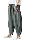 [マイサム] レディース パンツ ロングパンツ ガウチョパンツ リネン サルエルパンツ 綿麻 ゆったり 着痩せ ワイドパンツ カジュアル (2XL, グリーン)
