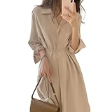 [WoauNuiHll] シャツワンピース レディース Vネック ロングワンピース 長袖 Aライン 襟付き マキシ丈 薄手 体型カバー 大きいサイズ カジュアル オフィス 普段着 春 夏 秋