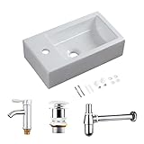 【混合水栓と壁排水トラップ付き】おしゃれ 洗面ボールセット 小型洗面ボウル 壁掛け 洗面台 洗面鉢 手洗い器 手洗いボウル 手洗台 壁付け型 浴室洗面台 手洗いボウルセット バルコニー 陶器製 手洗器 おしゃれ シンプル 和風 洋風 ミニ型 方形455＊255＊120ｍｍ (左側壁排水セット)